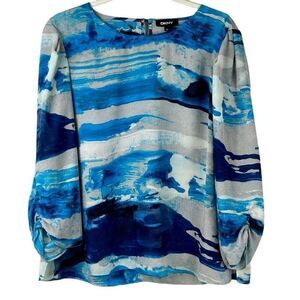 DKNY Women's Petite Round Neck Long Sleeve Allover Print Blouse PXL